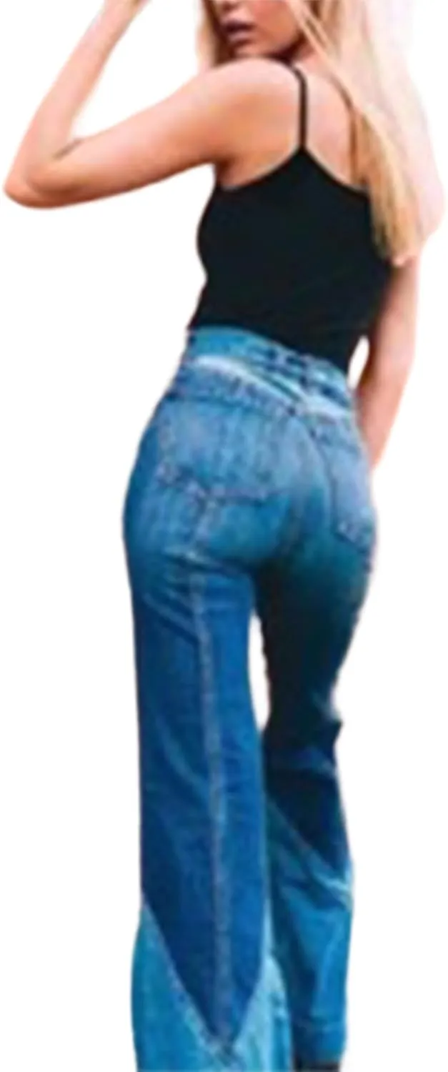 Women 70s Vintage High Waisted Stretchy Patchwork Denim Flare Pants Jeans with Belt Pockets