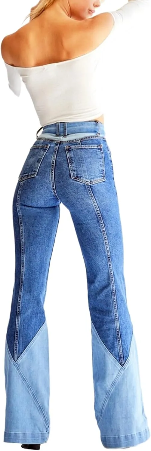 Women 70s Vintage High Waisted Stretchy Patchwork Denim Flare Pants Jeans with Belt Pockets