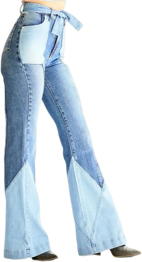 Women 70s Vintage High Waisted Stretchy Patchwork Denim Flare Pants Jeans with Belt Pockets