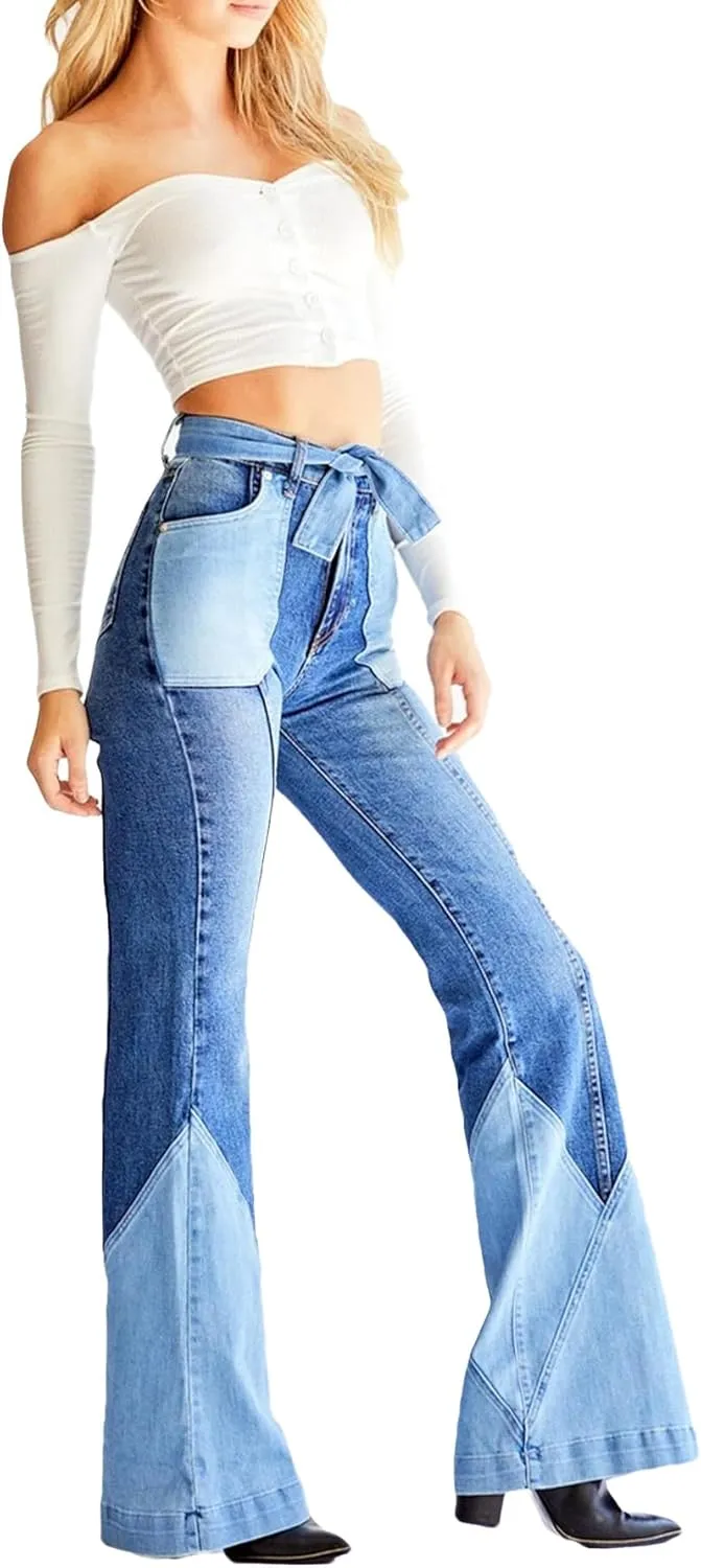 Women 70s Vintage High Waisted Stretchy Patchwork Denim Flare Pants Jeans with Belt Pockets