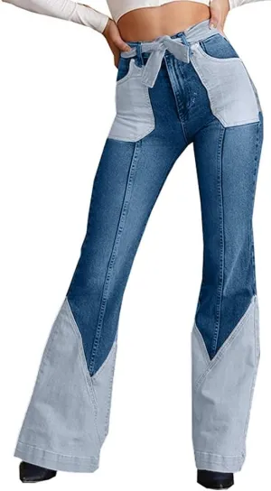 Women 70s Vintage High Waisted Stretchy Patchwork Denim Flare Pants Jeans with Belt Pockets