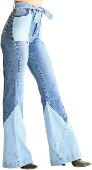 Women 70s Vintage High Waisted Stretchy Patchwork Denim Flare Pants Jeans with Belt Pockets