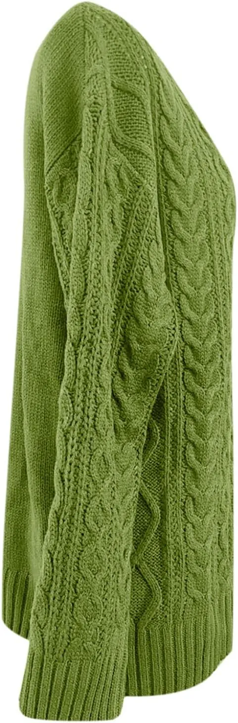 Women Cable Knitted Sweaters 2023 Fall V Neck Chunky Ribbed Sweaters Oversized Pullover Jumper Tops Fashion Outfits