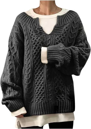 Women Cable Knitted Sweaters 2023 Fall V Neck Chunky Ribbed Sweaters Oversized Pullover Jumper Tops Fashion Outfits