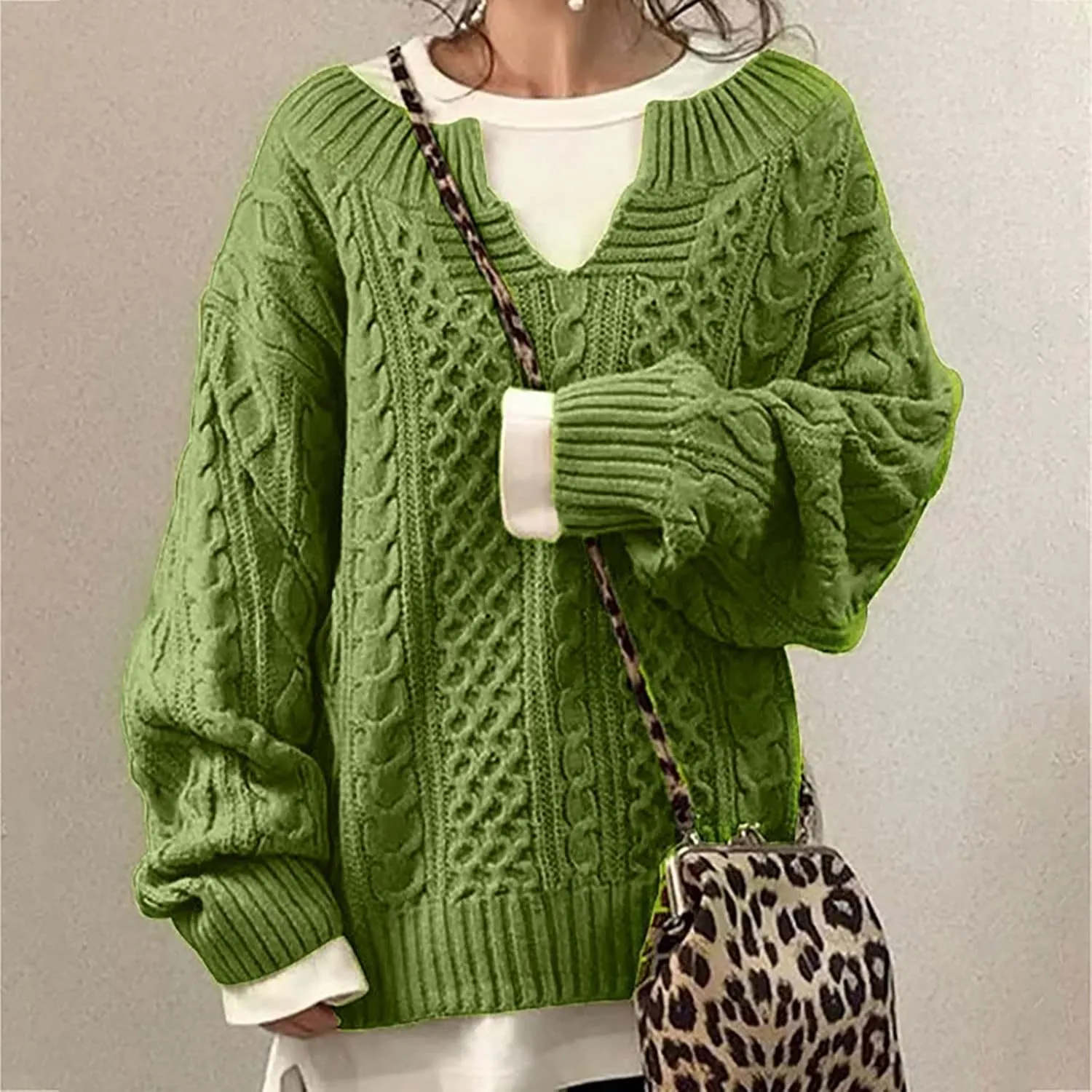 Women Cable Knitted Sweaters 2023 Fall V Neck Chunky Ribbed Sweaters Oversized Pullover Jumper Tops Fashion Outfits