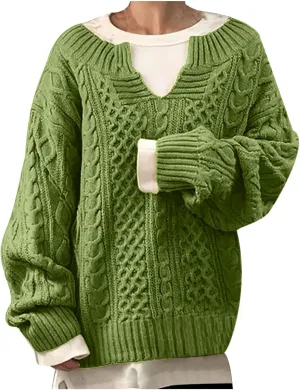 Women Cable Knitted Sweaters 2023 Fall V Neck Chunky Ribbed Sweaters Oversized Pullover Jumper Tops Fashion Outfits