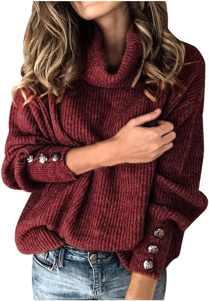 Women Casual Long Sleeve Fall Sweaters Turtleneck Oversized Solid Fashion Comfort Tops