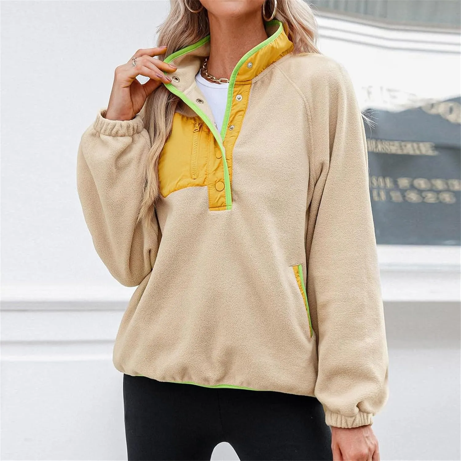 Women Fleece Oversized Sweatshirt Pullover Color Block Tops Sweater Sherpa Fuzzy Jacket Fall Winter Comfy Clothes