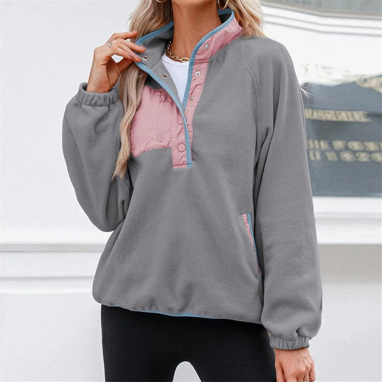 Women Fleece Oversized Sweatshirt Pullover Color Block Tops Sweater Sherpa Fuzzy Jacket Fall Winter Comfy Clothes
