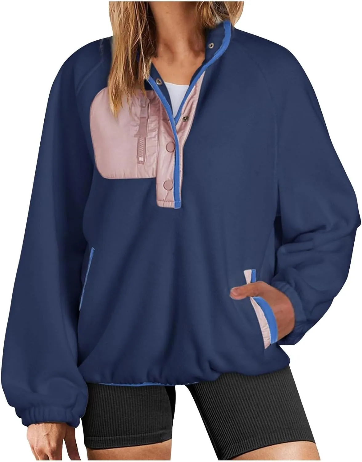 Women Fleece Oversized Sweatshirt Pullover Color Block Tops Sweater Sherpa Fuzzy Jacket Fall Winter Comfy Clothes