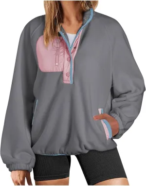 Women Fleece Oversized Sweatshirt Pullover Color Block Tops Sweater Sherpa Fuzzy Jacket Fall Winter Comfy Clothes