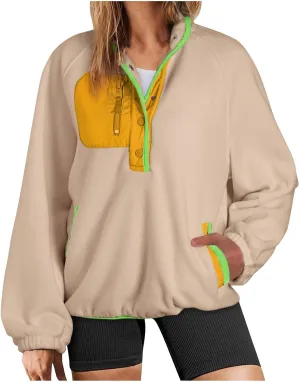 Women Fleece Oversized Sweatshirt Pullover Color Block Tops Sweater Sherpa Fuzzy Jacket Fall Winter Comfy Clothes