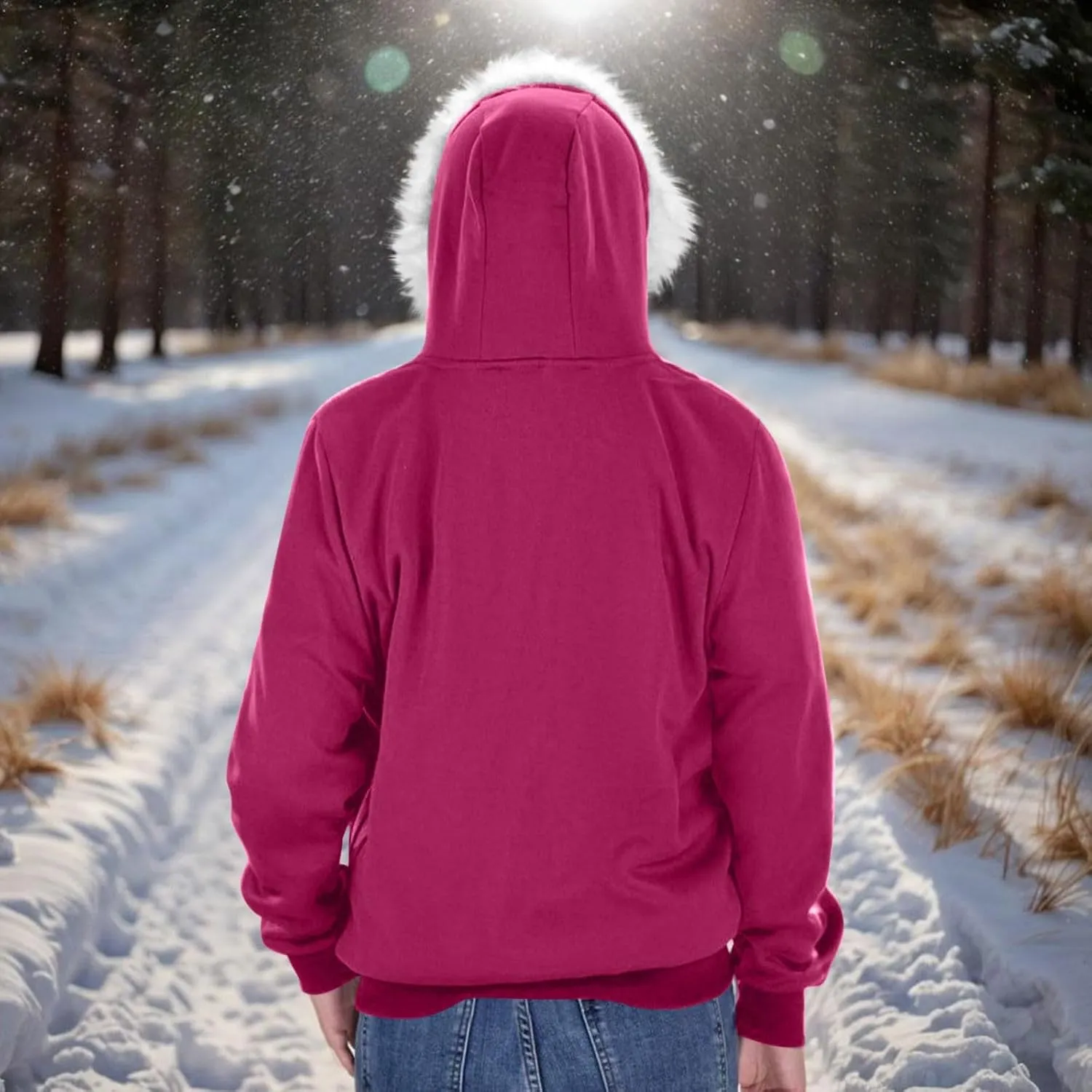 Women Furry Splicing Hoodies Fashion Hooded Sweatshirts with Pockets Zip Up Fleece Sweater Fall Winter Coats