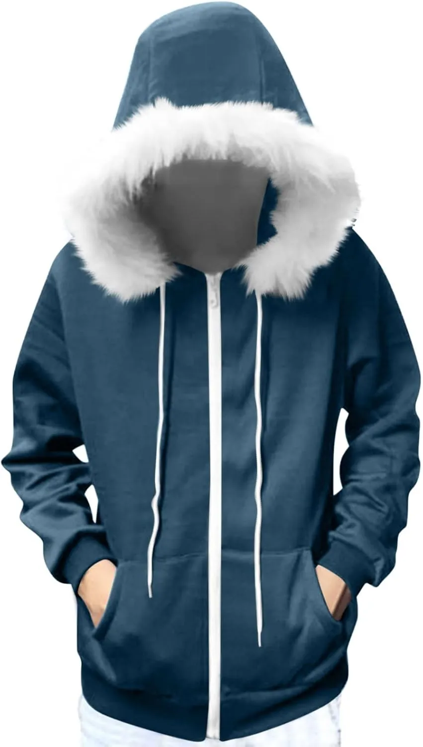 Women Furry Splicing Hoodies Fashion Hooded Sweatshirts with Pockets Zip Up Fleece Sweater Fall Winter Coats