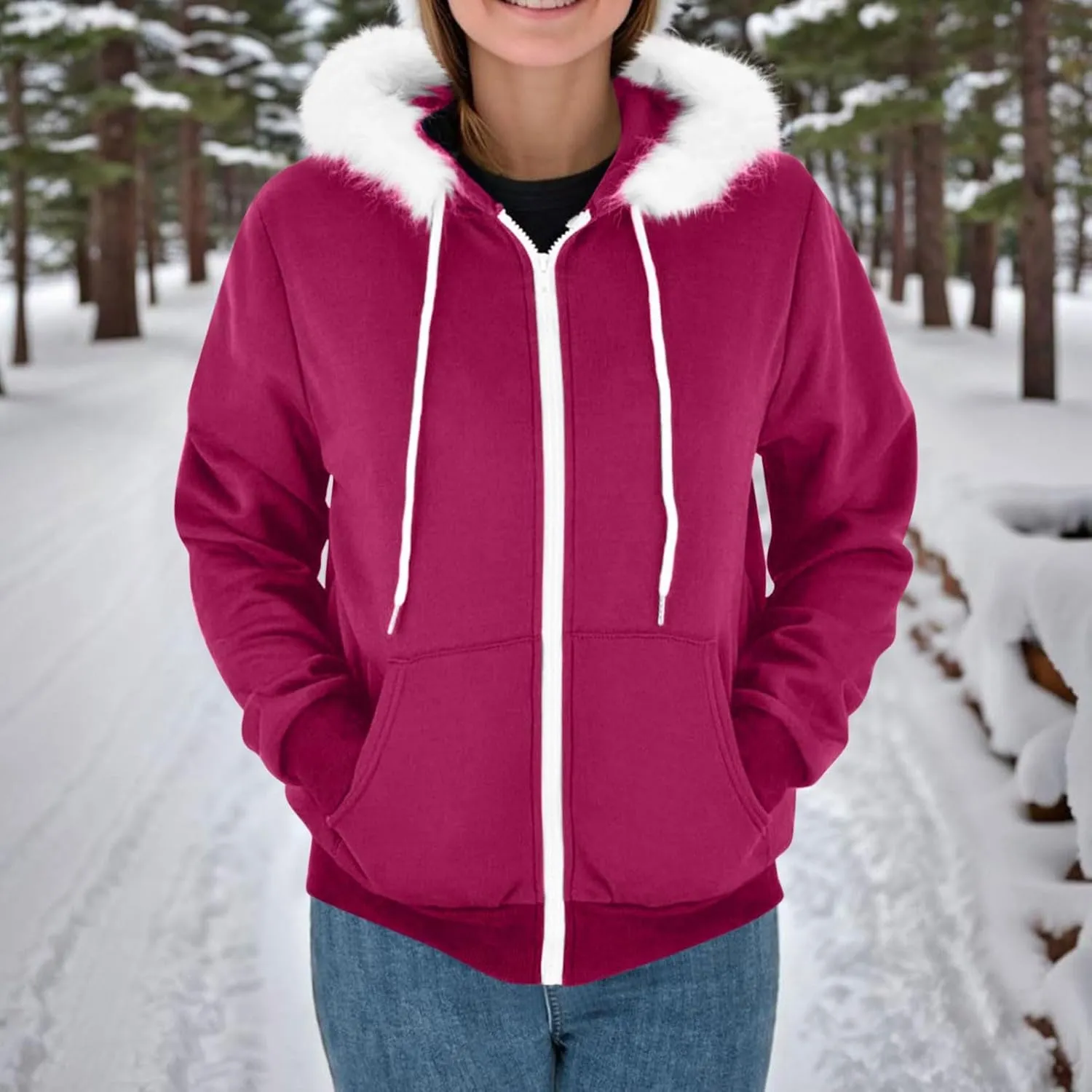 Women Furry Splicing Hoodies Fashion Hooded Sweatshirts with Pockets Zip Up Fleece Sweater Fall Winter Coats