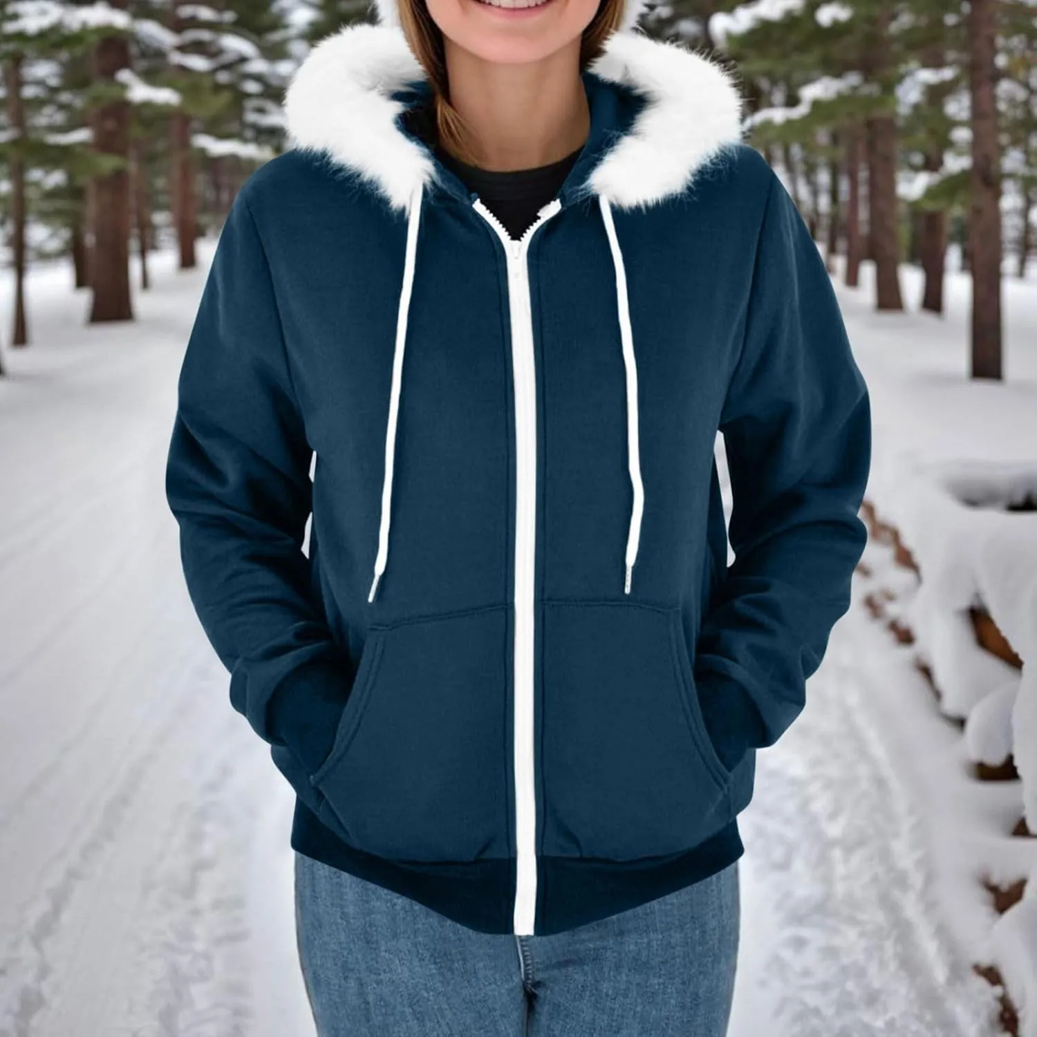 Women Furry Splicing Hoodies Fashion Hooded Sweatshirts with Pockets Zip Up Fleece Sweater Fall Winter Coats
