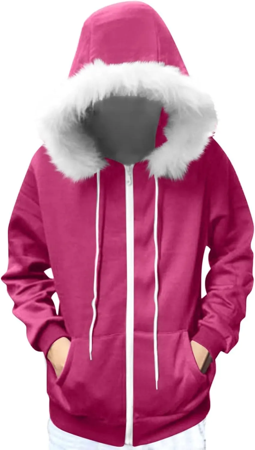 Women Furry Splicing Hoodies Fashion Hooded Sweatshirts with Pockets Zip Up Fleece Sweater Fall Winter Coats