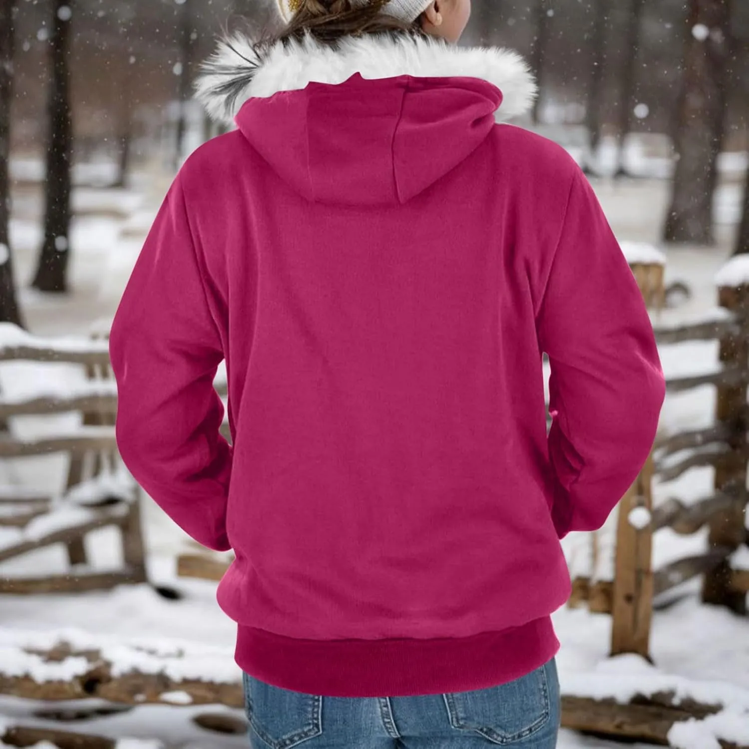 Women Furry Splicing Hoodies Fashion Hooded Sweatshirts with Pockets Zip Up Fleece Sweater Fall Winter Coats