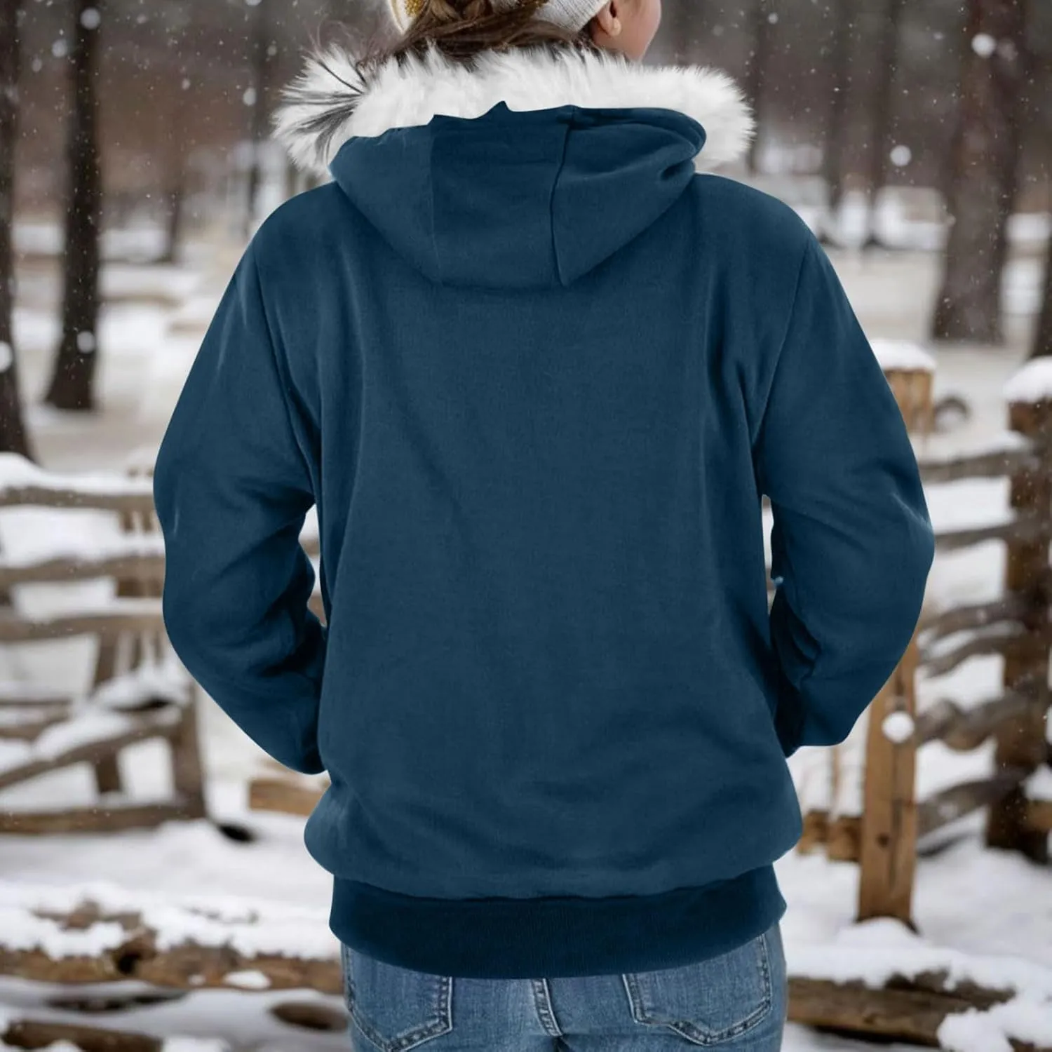 Women Furry Splicing Hoodies Fashion Hooded Sweatshirts with Pockets Zip Up Fleece Sweater Fall Winter Coats