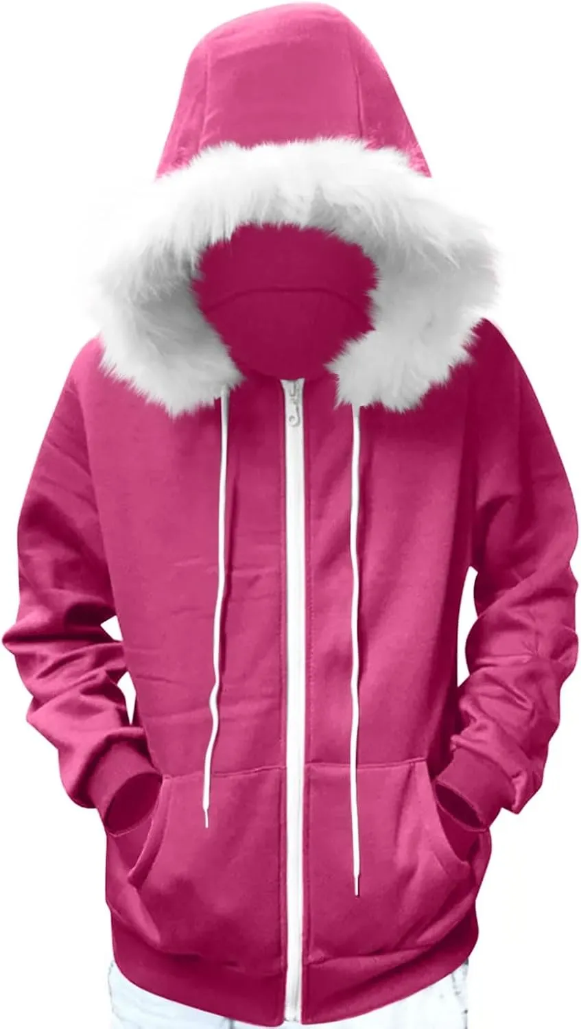 Women Furry Splicing Hoodies Fashion Hooded Sweatshirts with Pockets Zip Up Fleece Sweater Fall Winter Coats
