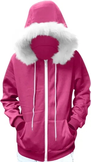 Women Furry Splicing Hoodies Fashion Hooded Sweatshirts with Pockets Zip Up Fleece Sweater Fall Winter Coats