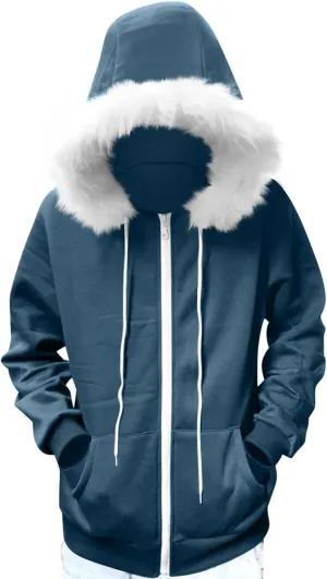 Women Furry Splicing Hoodies Fashion Hooded Sweatshirts with Pockets Zip Up Fleece Sweater Fall Winter Coats