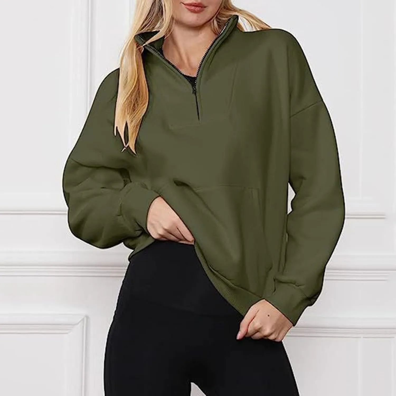 Women Half Zip Sweatshirts Oversized Long Sleeve Pocket Cropped Pullover Tops Trendy Fall Fashion Y2k Clothes