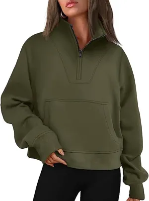 Women Half Zip Sweatshirts Oversized Long Sleeve Pocket Cropped Pullover Tops Trendy Fall Fashion Y2k Clothes