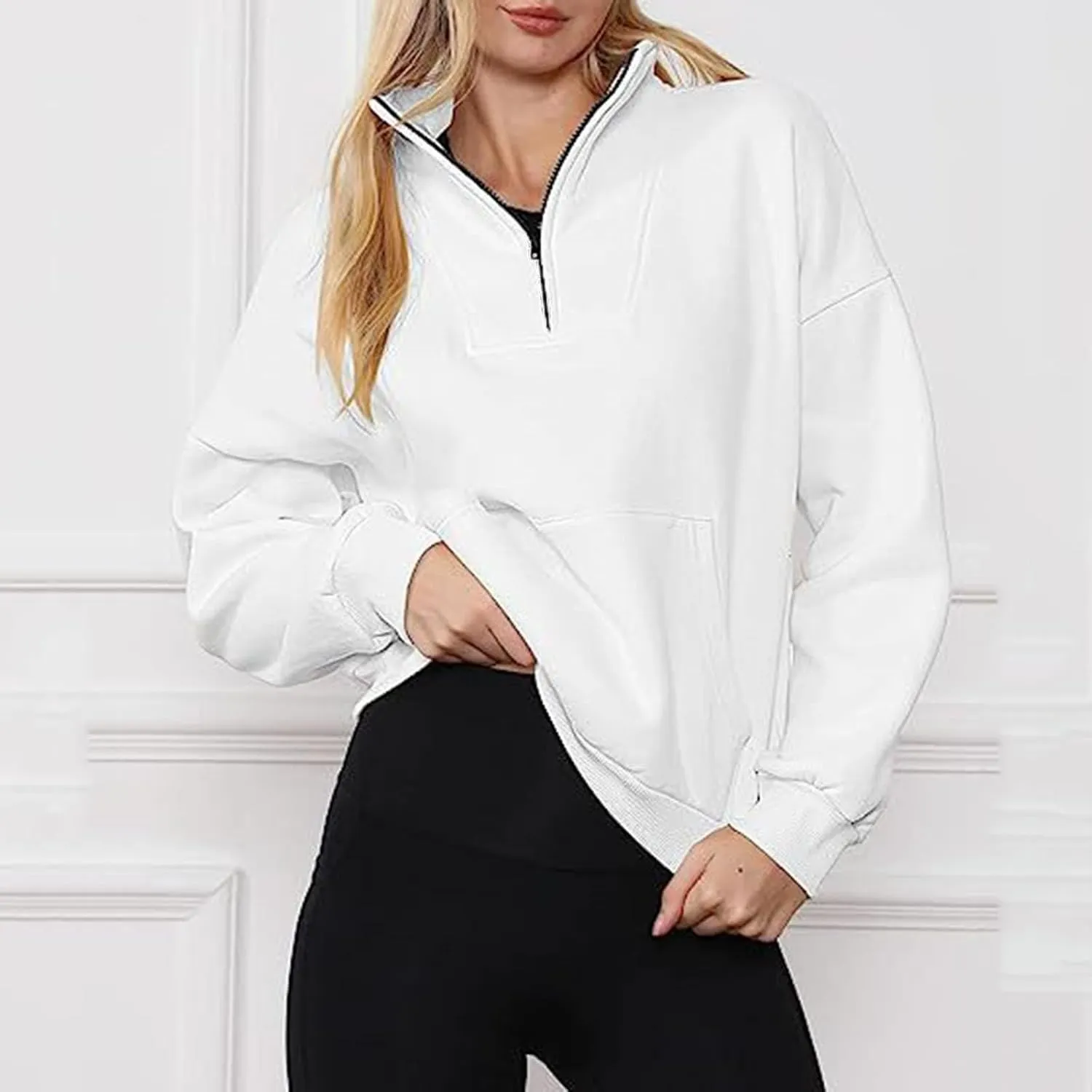Women Half Zip Sweatshirts Oversized Long Sleeve Pocket Cropped Pullover Tops Trendy Fall Fashion Y2k Clothes