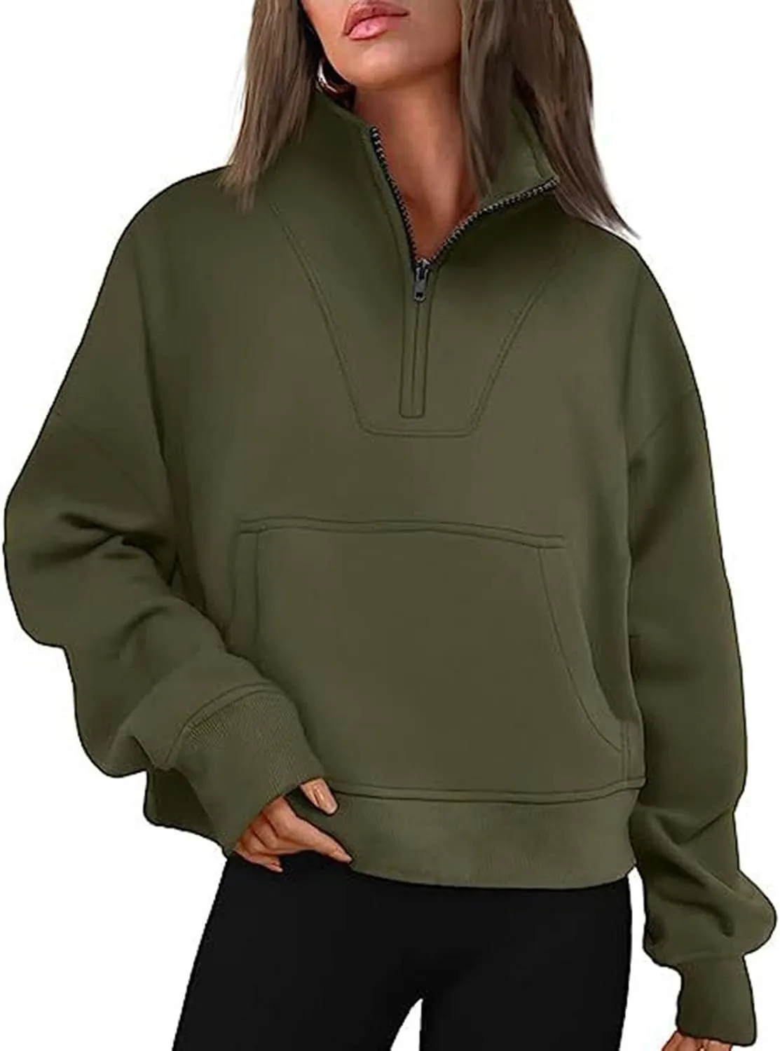Women Half Zip Sweatshirts Oversized Long Sleeve Pocket Cropped Pullover Tops Trendy Fall Fashion Y2k Clothes