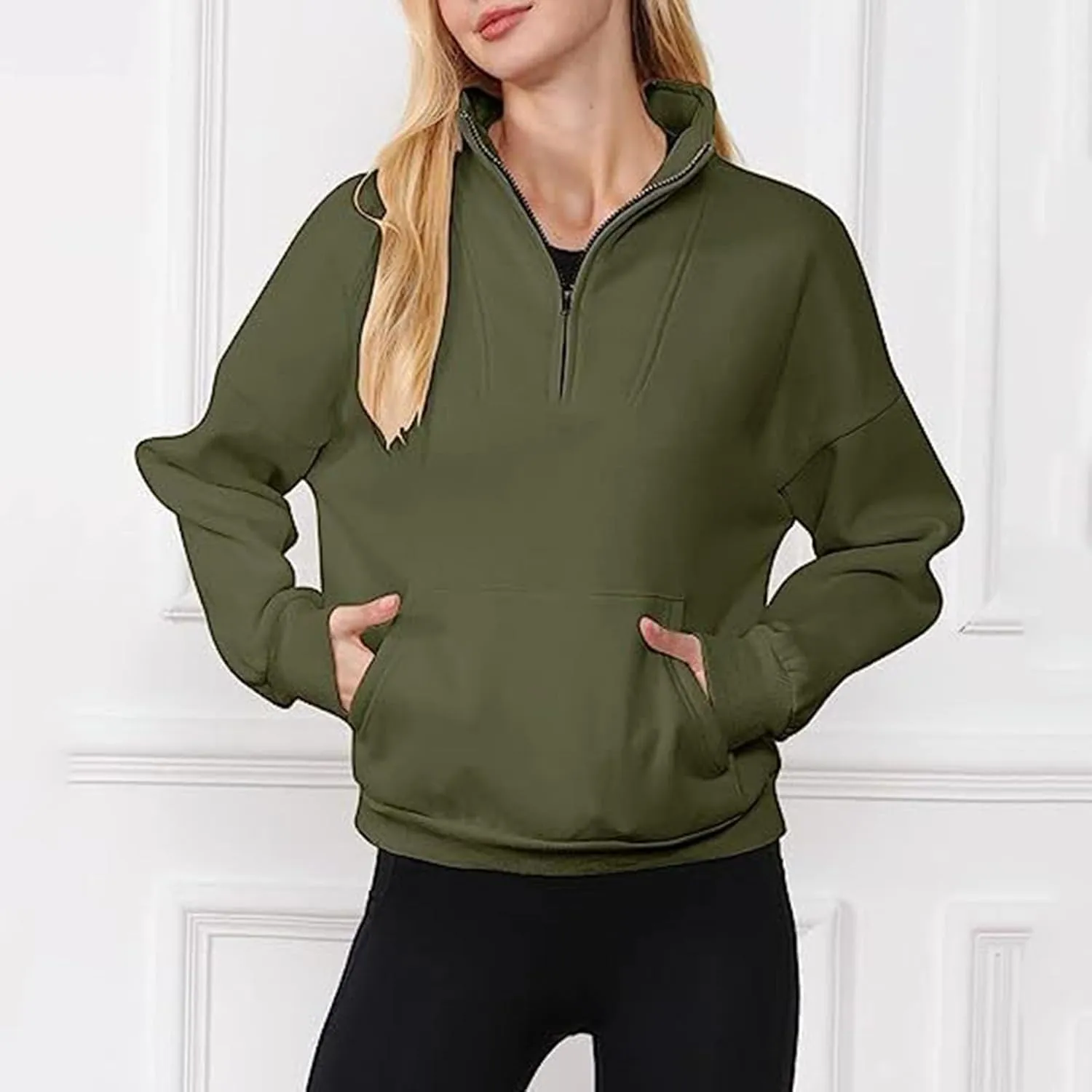 Women Half Zip Sweatshirts Oversized Long Sleeve Pocket Cropped Pullover Tops Trendy Fall Fashion Y2k Clothes