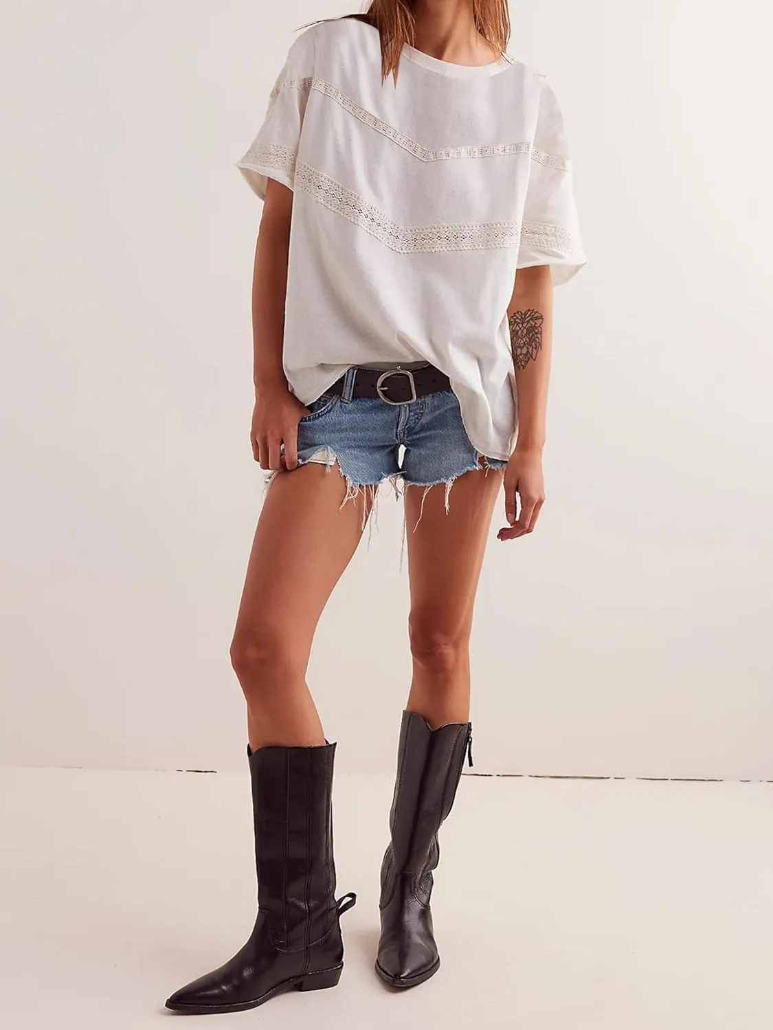 Women Oversized Tee Top Lace Contrast Short Sleeve Crew Neck Summer Tops Patchwork Cotton T-Shirt Streetwear