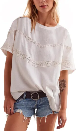 Women Oversized Tee Top Lace Contrast Short Sleeve Crew Neck Summer Tops Patchwork Cotton T-Shirt Streetwear
