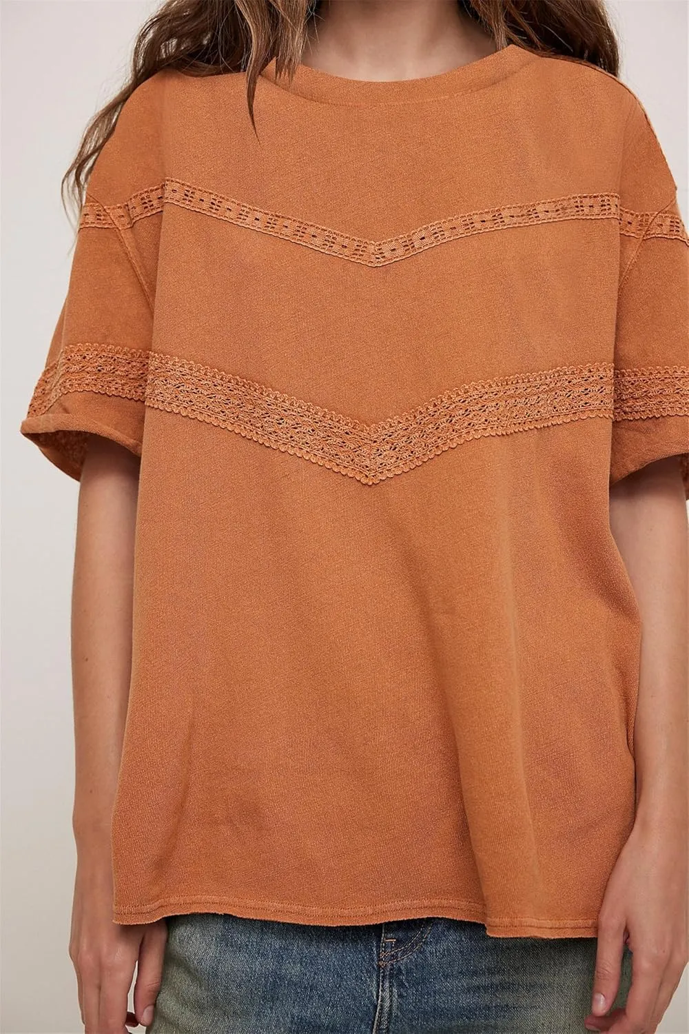Women Oversized Tee Top Lace Contrast Short Sleeve Crew Neck Summer Tops Patchwork Cotton T-Shirt Streetwear