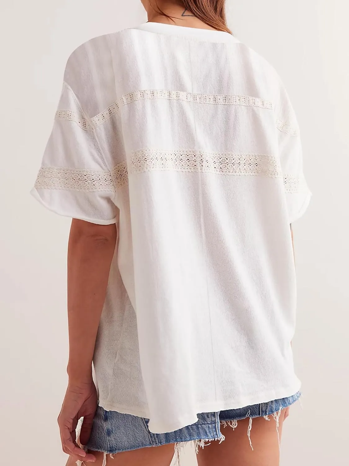 Women Oversized Tee Top Lace Contrast Short Sleeve Crew Neck Summer Tops Patchwork Cotton T-Shirt Streetwear