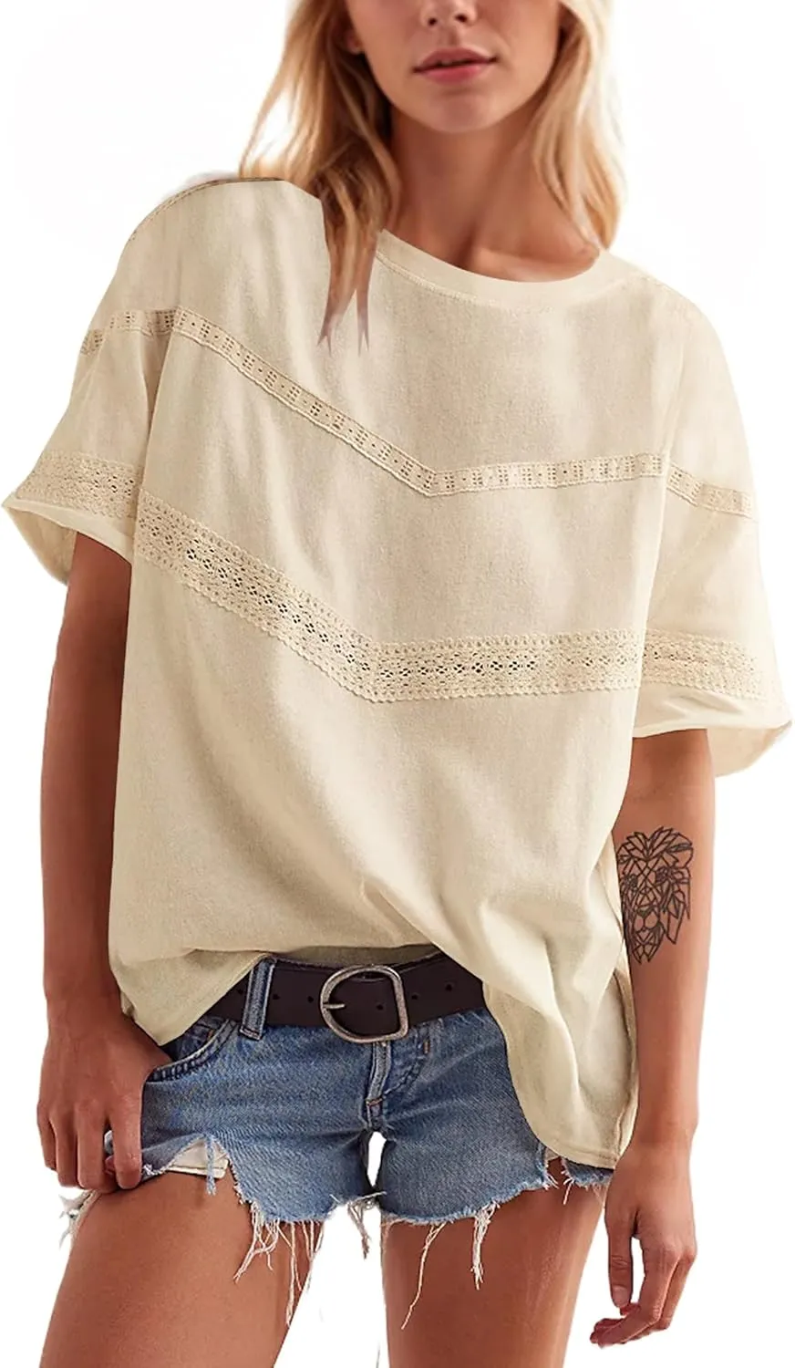 Women Oversized Tee Top Lace Contrast Short Sleeve Crew Neck Summer Tops Patchwork Cotton T-Shirt Streetwear