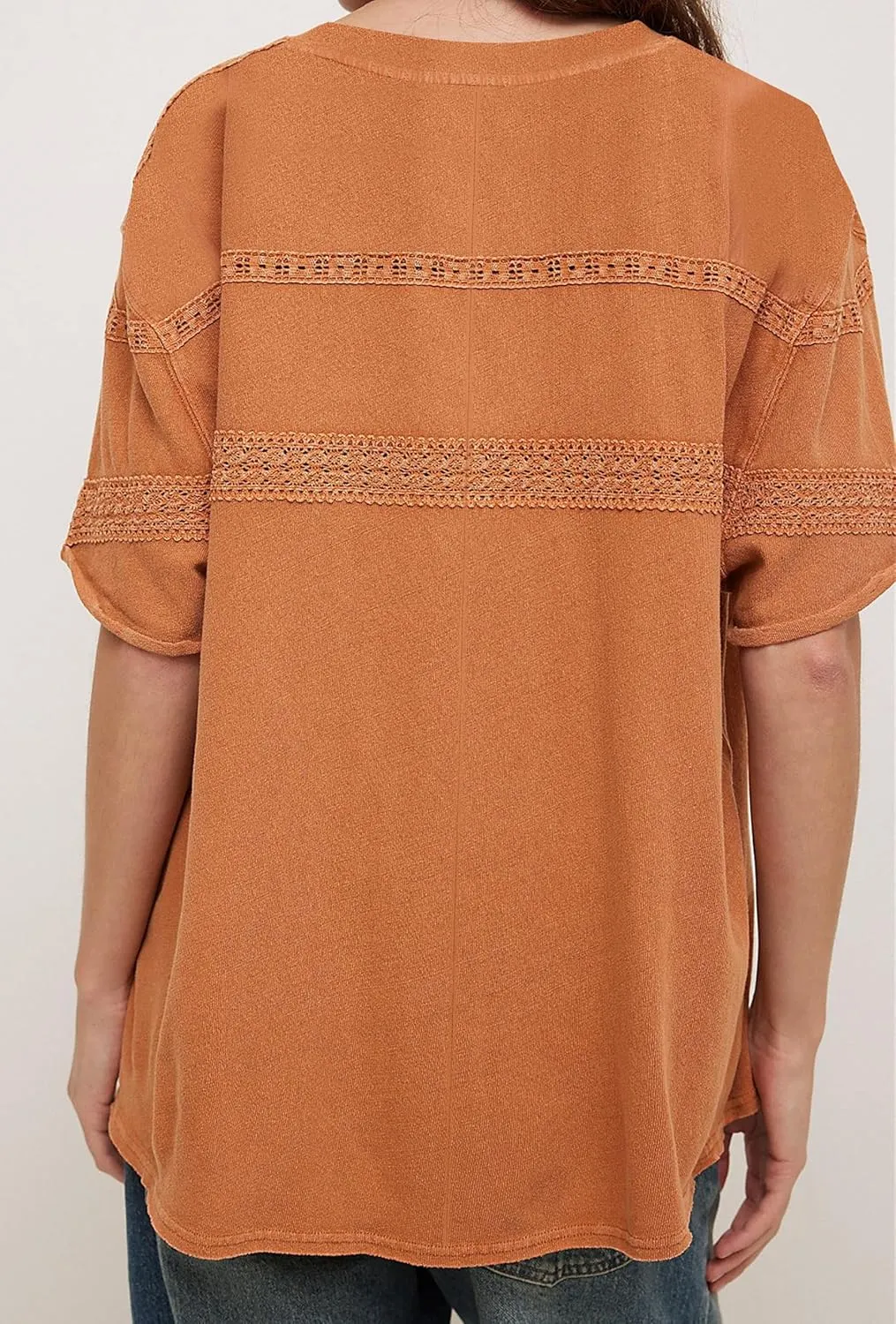 Women Oversized Tee Top Lace Contrast Short Sleeve Crew Neck Summer Tops Patchwork Cotton T-Shirt Streetwear