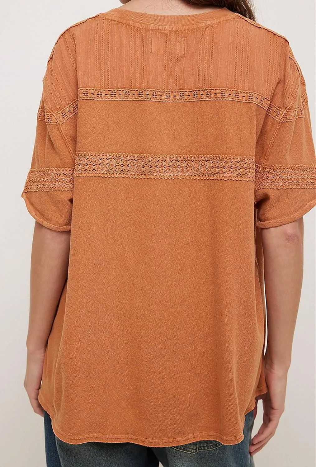 Women Oversized Tee Top Lace Contrast Short Sleeve Crew Neck Summer Tops Patchwork Cotton T-Shirt Streetwear