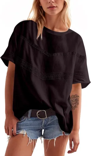 Women Oversized Tee Top Lace Contrast Short Sleeve Crew Neck Summer Tops Patchwork Cotton T-Shirt Streetwear