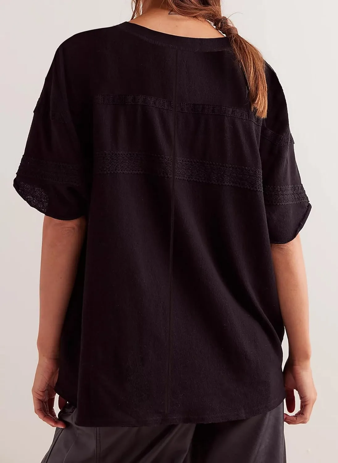 Women Oversized Tee Top Lace Contrast Short Sleeve Crew Neck Summer Tops Patchwork Cotton T-Shirt Streetwear