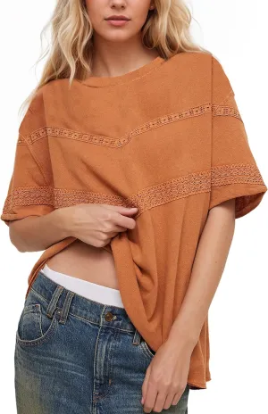 Women Oversized Tee Top Lace Contrast Short Sleeve Crew Neck Summer Tops Patchwork Cotton T-Shirt Streetwear