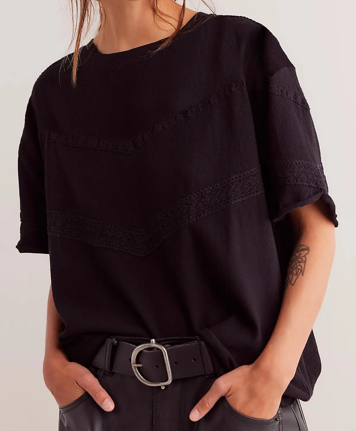 Women Oversized Tee Top Lace Contrast Short Sleeve Crew Neck Summer Tops Patchwork Cotton T-Shirt Streetwear