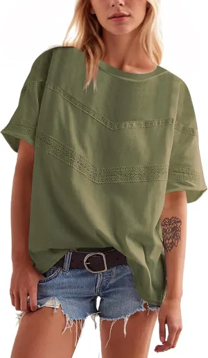 Women Oversized Tee Top Lace Contrast Short Sleeve Crew Neck Summer Tops Patchwork Cotton T-Shirt Streetwear