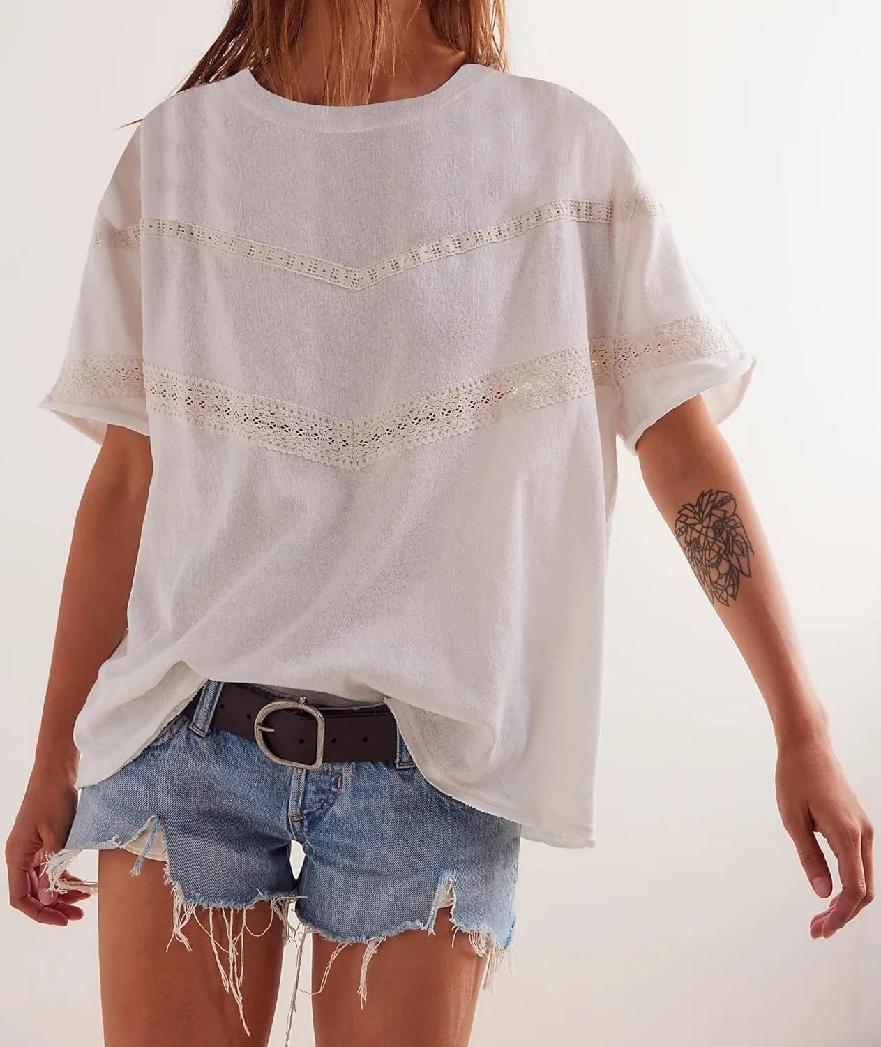 Women Oversized Tee Top Lace Contrast Short Sleeve Crew Neck Summer Tops Patchwork Cotton T-Shirt Streetwear