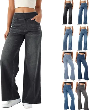Women Sweatpant Jeans, Sweatpants That Look Like Jeans, High Waisted Stretchy Pull On Wide Leg Denim Pants with Pockets