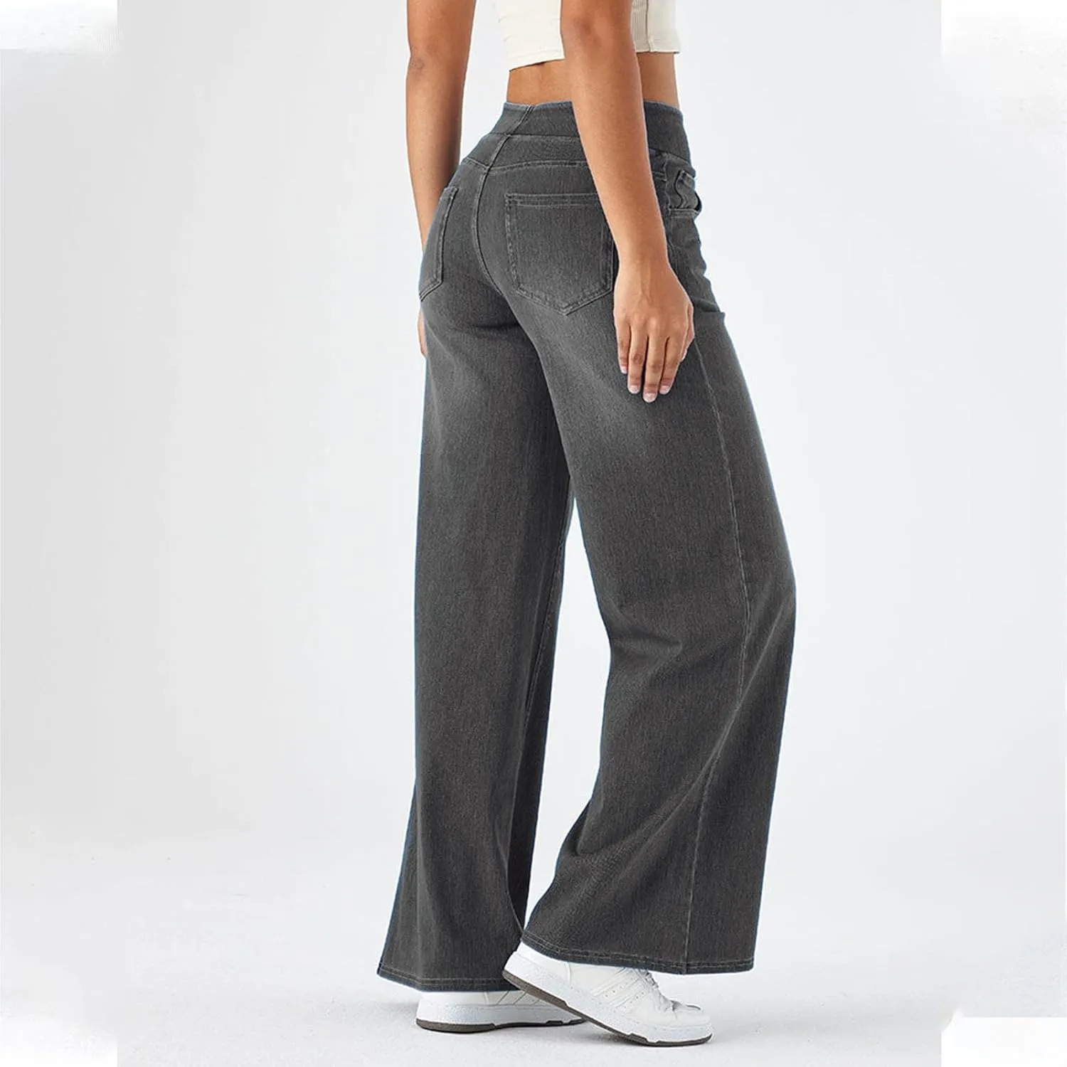 Women Sweatpant Jeans, Sweatpants That Look Like Jeans, High Waisted Stretchy Pull On Wide Leg Denim Pants with Pockets