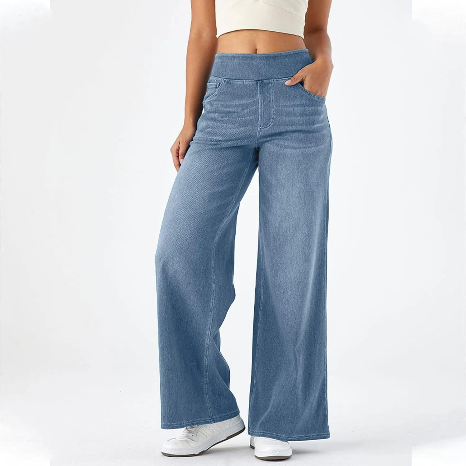 Women Sweatpant Jeans, Sweatpants That Look Like Jeans, High Waisted Stretchy Pull On Wide Leg Denim Pants with Pockets