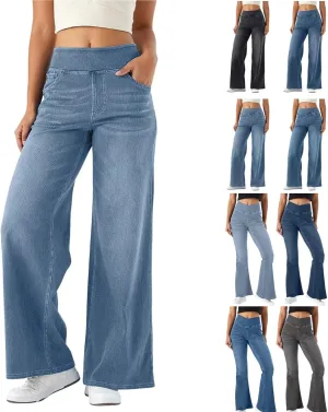 Women Sweatpant Jeans, Sweatpants That Look Like Jeans, High Waisted Stretchy Pull On Wide Leg Denim Pants with Pockets