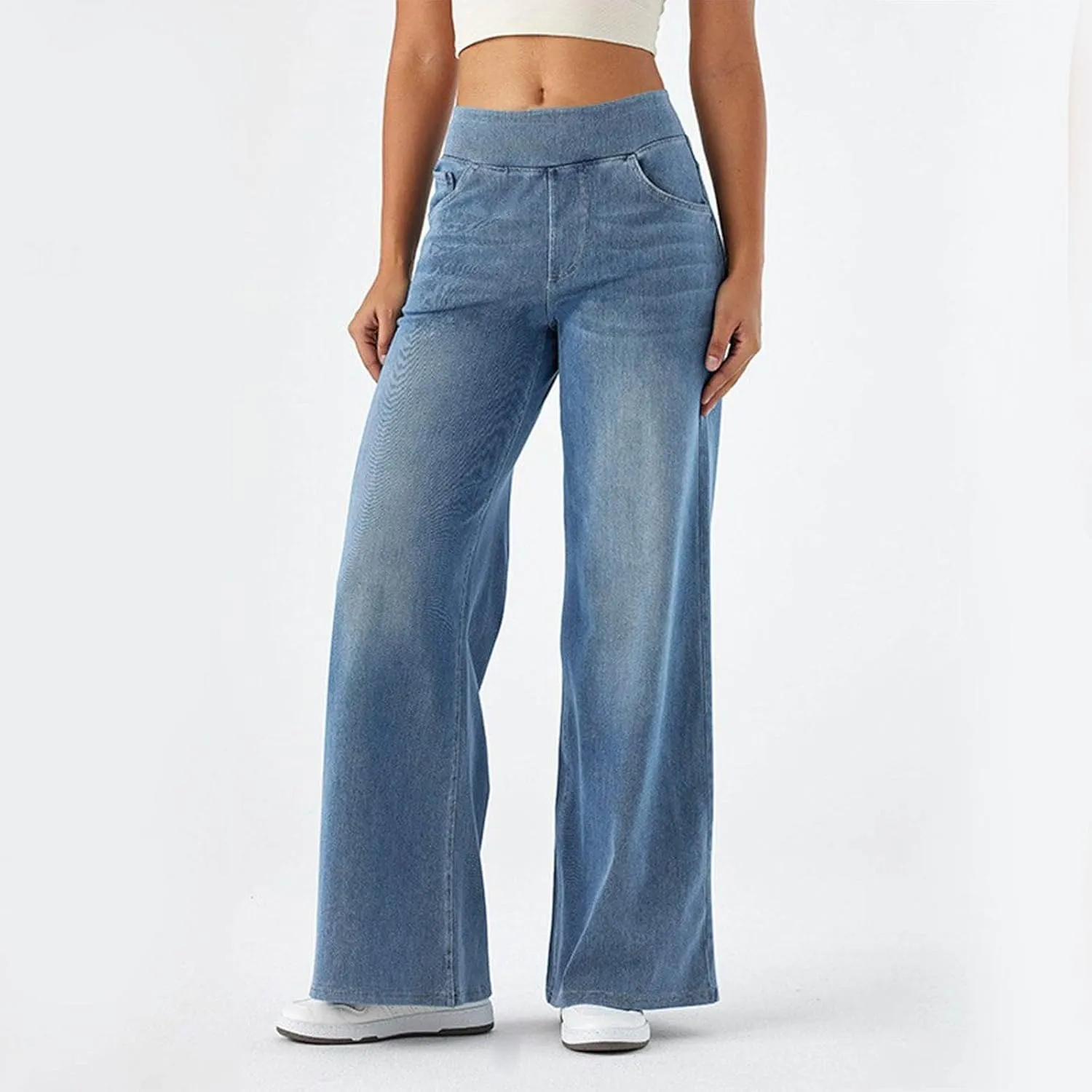 Women Sweatpant Jeans, Sweatpants That Look Like Jeans, High Waisted Stretchy Pull On Wide Leg Denim Pants with Pockets