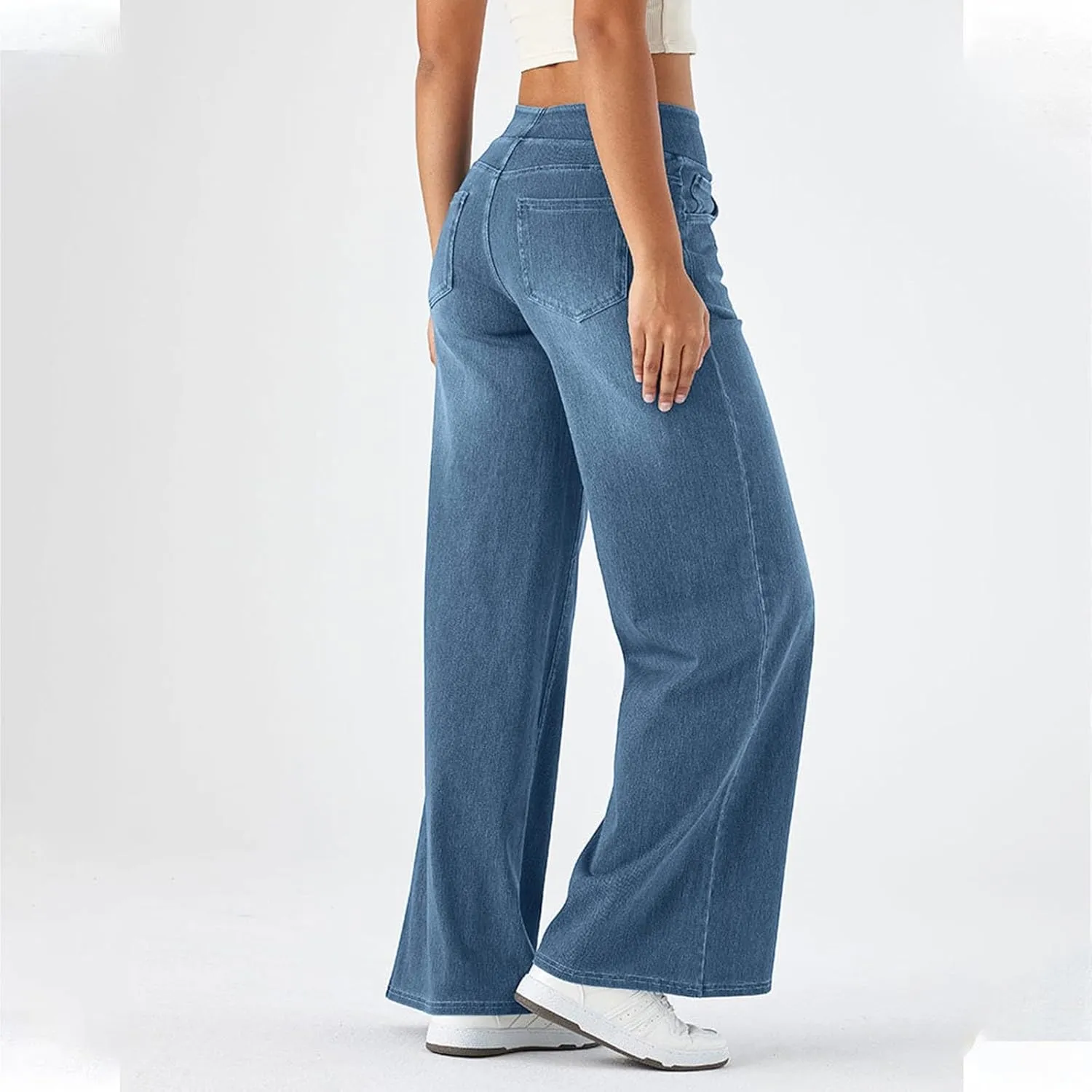 Women Sweatpant Jeans, Sweatpants That Look Like Jeans, High Waisted Stretchy Pull On Wide Leg Denim Pants with Pockets